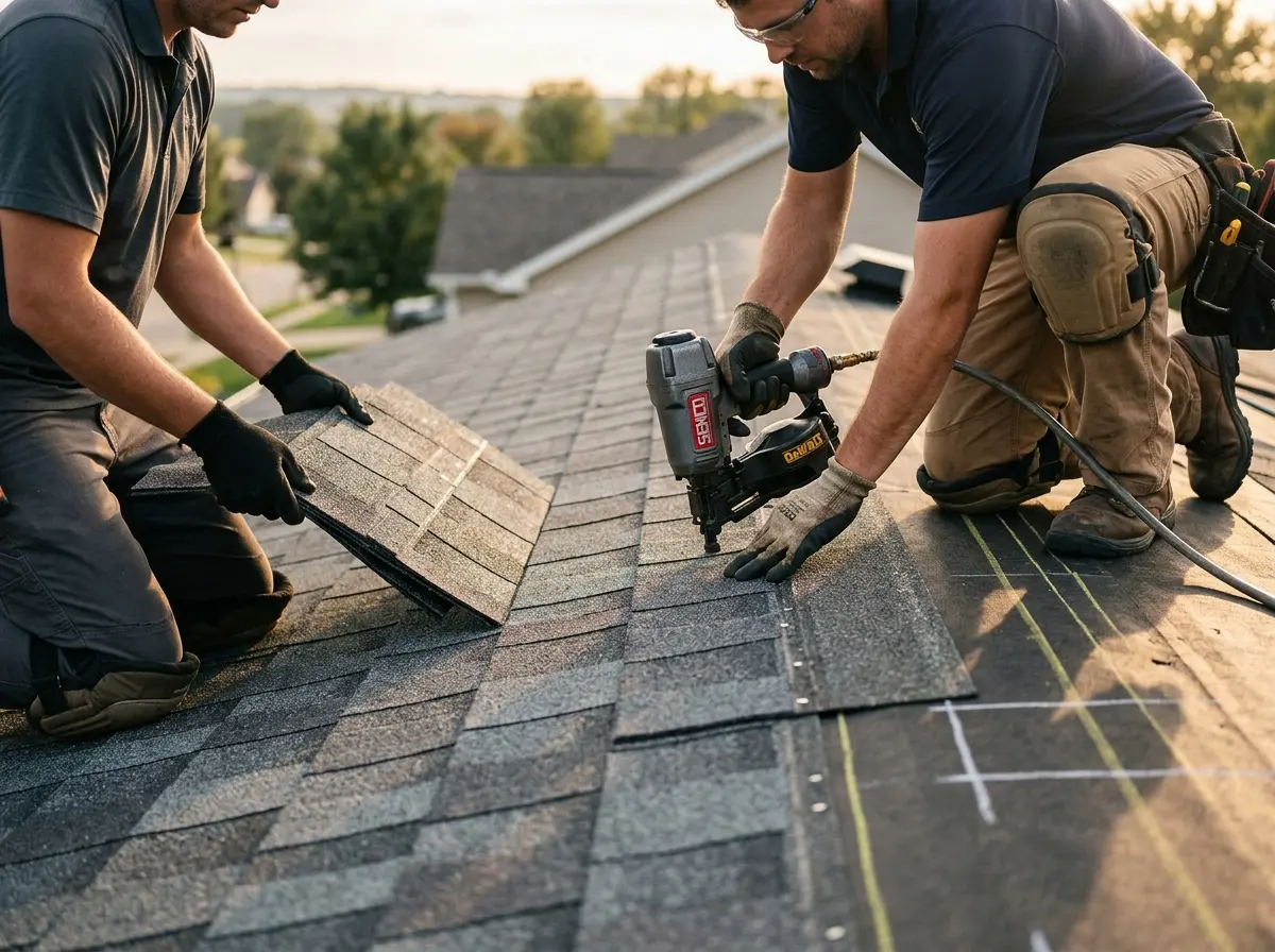 Professional roofer working on a residential roof in Helena